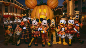 Mickey Mouse, Minnie Mouse and friends in their 2026 Halloween Time costumes at Disneyland