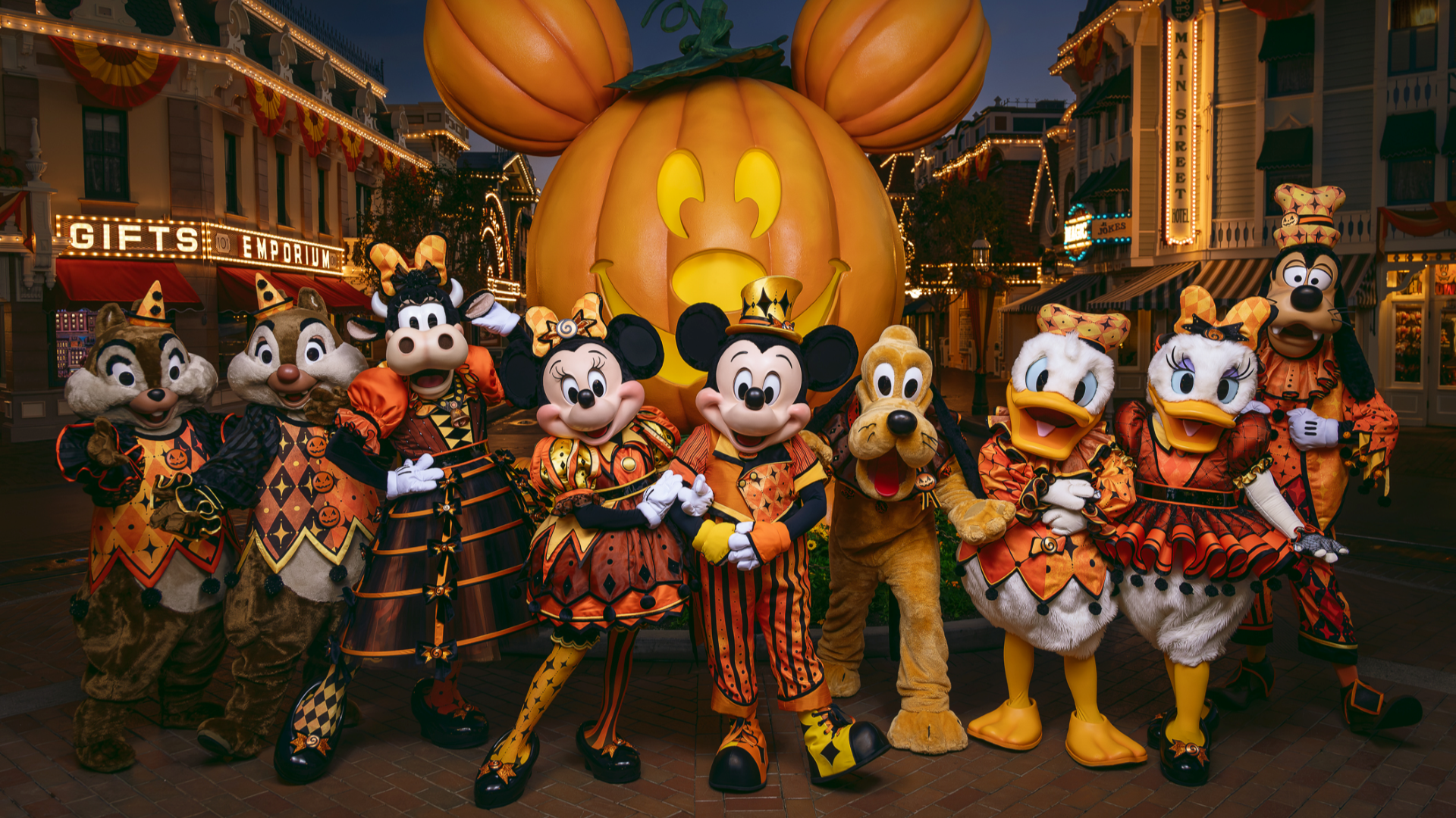 Mickey Mouse, Minnie Mouse and friends in their 2026 Halloween Time costumes at Disneyland