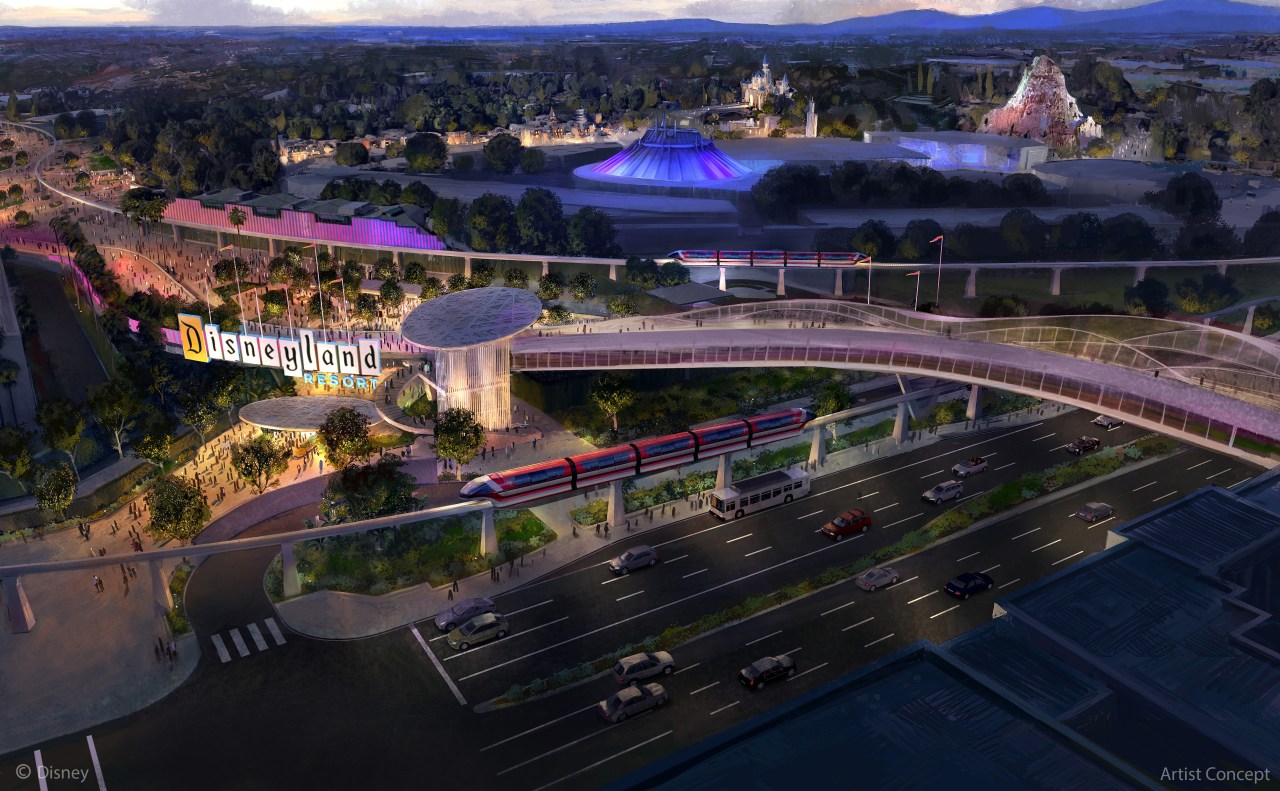 Rendering of the new Disneyland Resort parking structure and transportation hub arrival experience