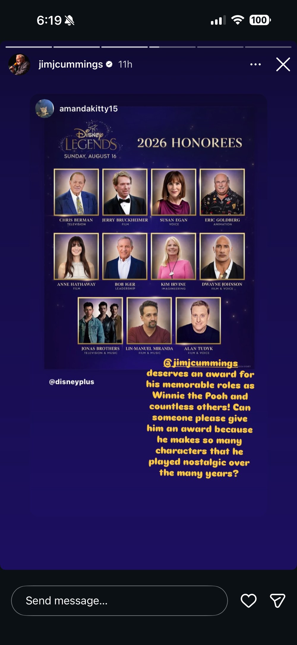 Jim Cummings' Instagram Story resharing a fan post from @amandakitty15 saying he deserves an award for Winnie the Pooh and countless other roles