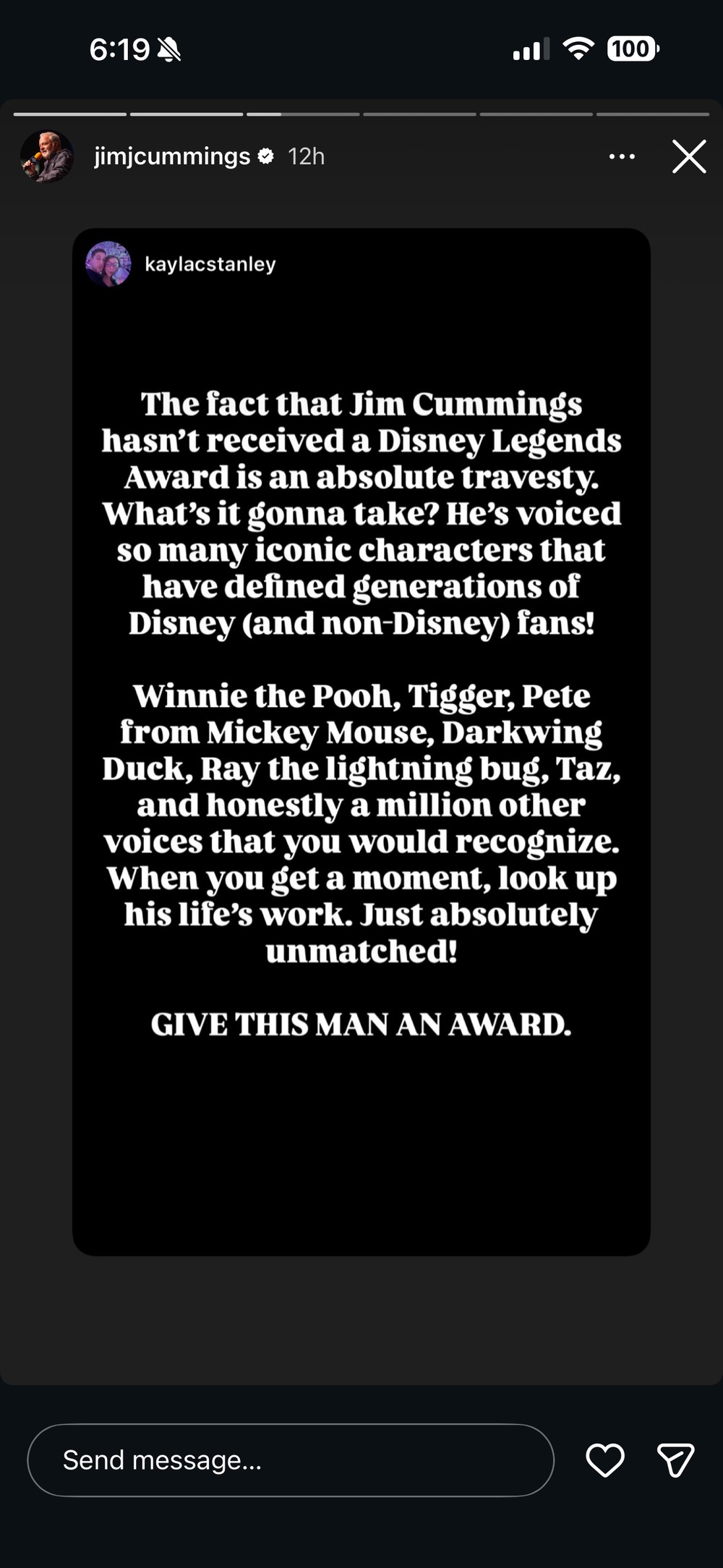Jim Cummings' Instagram Story resharing a fan post from @kaylacstanley calling his lack of a Disney Legends Award an absolute travesty