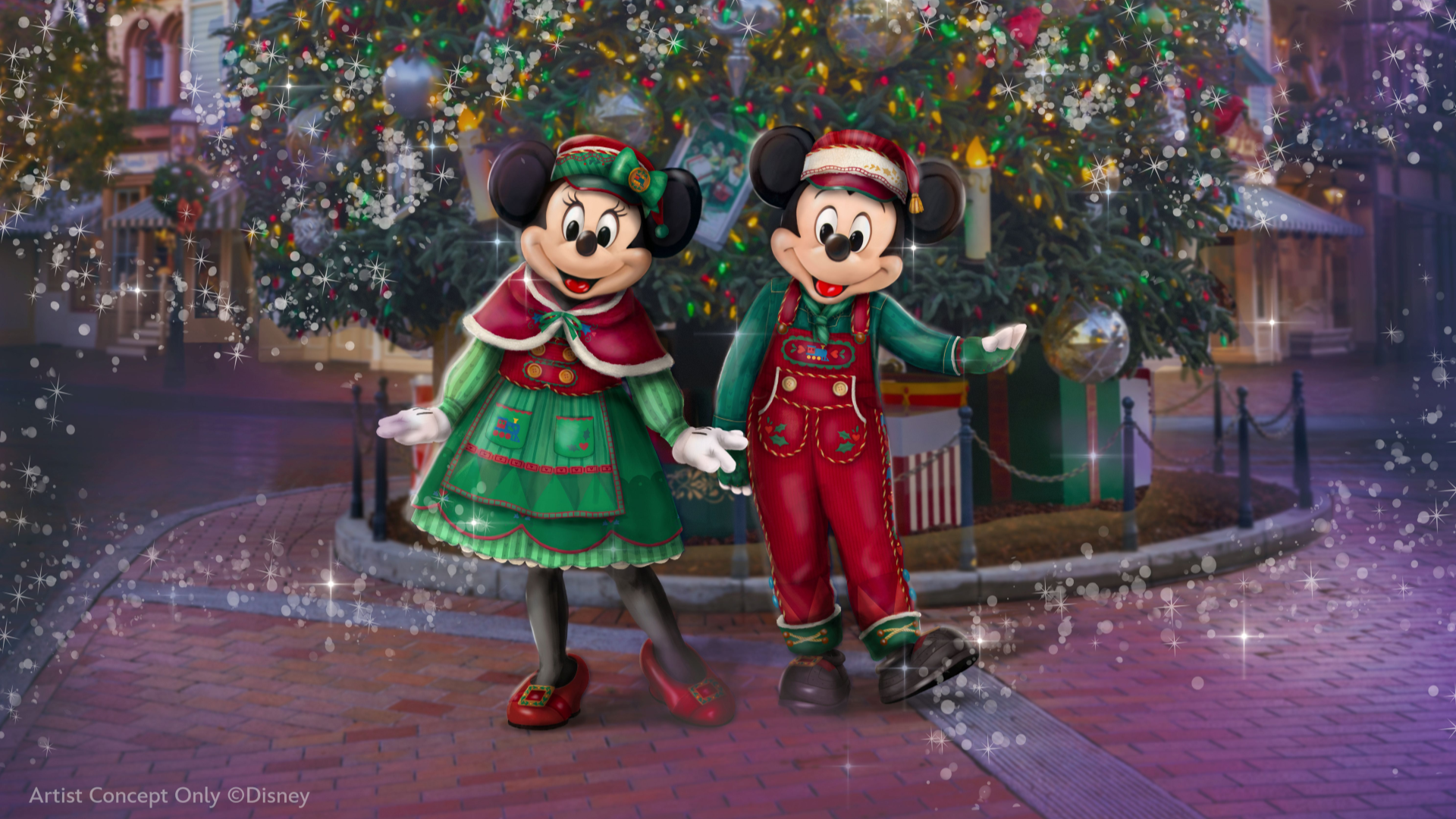 Concept art of Mickey Mouse and Minnie Mouse in their 2026 alpine-inspired holiday attire in front of a Christmas tree at Disneyland Park