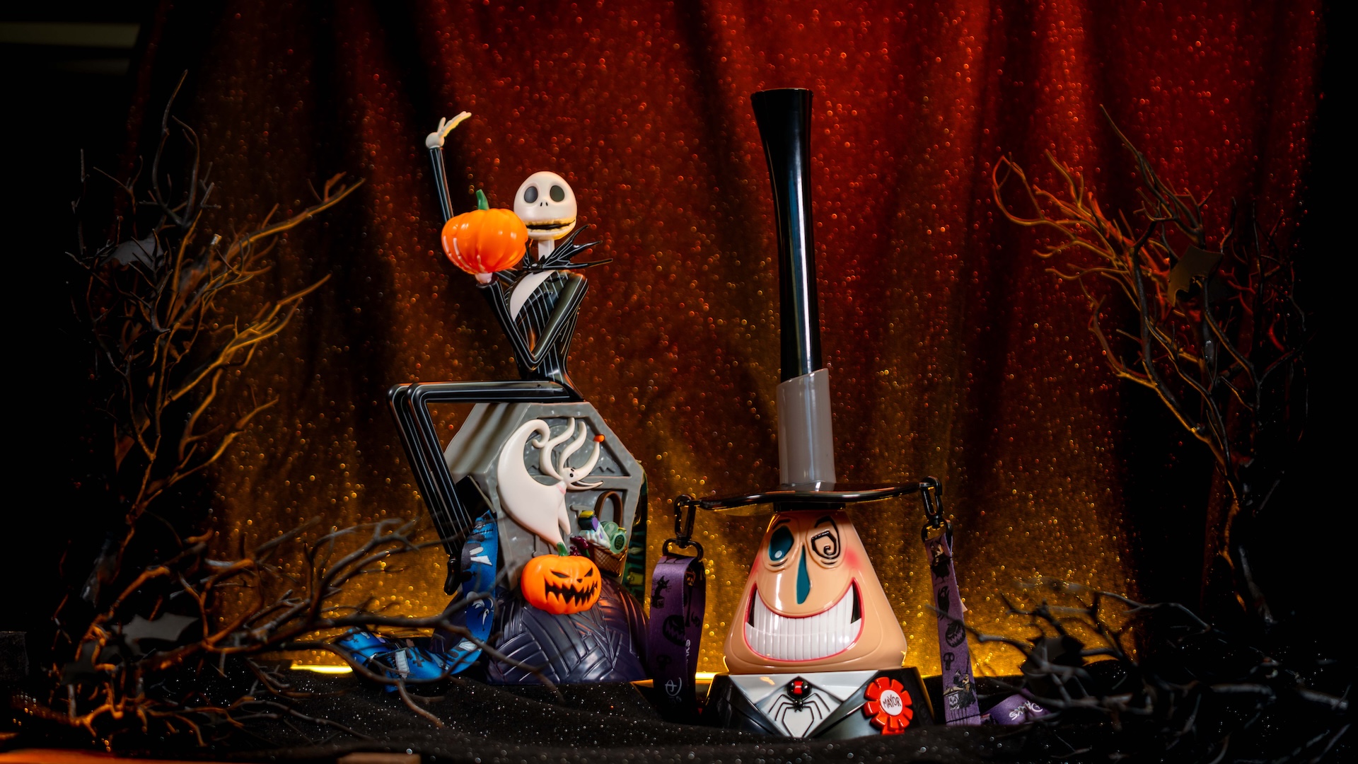 Haunted Mansion Hatbox Ghost popcorn bucket and Nightmare Before Christmas novelties