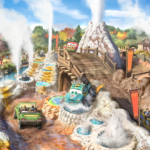 Concept art of Cars Ridge Run Rally passing geysers at Piston Peak National Park