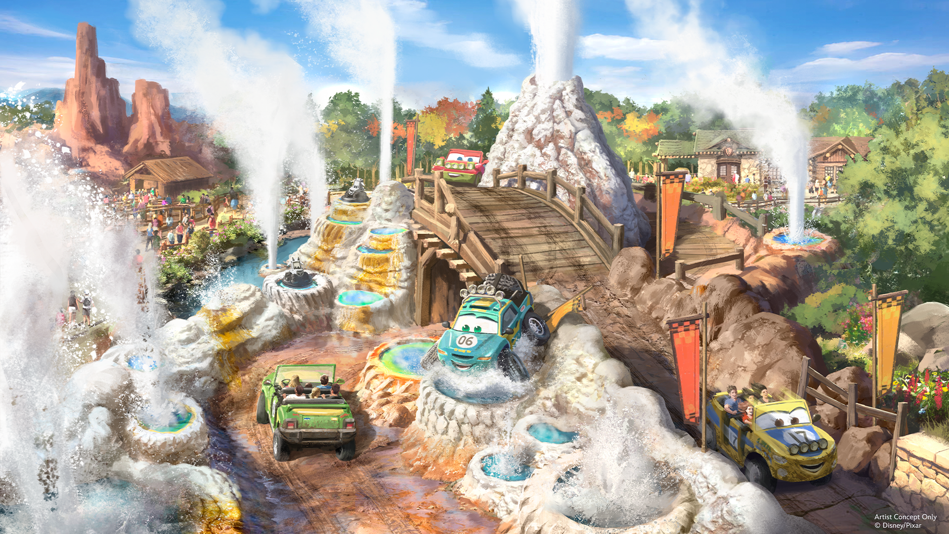 Concept art of Cars Ridge Run Rally passing geysers at Piston Peak National Park