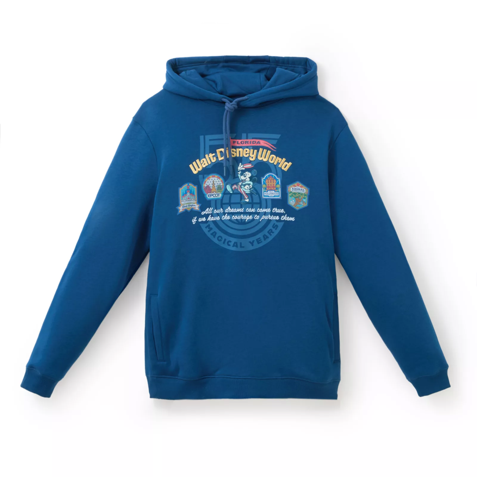 Walt Disney World 55th anniversary blue pullover hoodie with four park badge patches and the 55 Magical Years logo