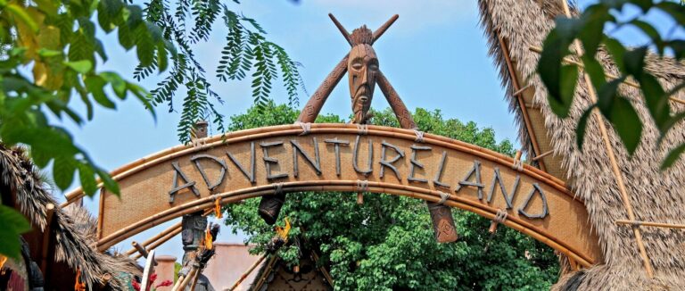 The carved Adventureland entrance sign framed by thatch and greenery