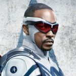 Anthony Mackie as Sam Wilson in the Captain America suit, wearing red goggles, in Marvel Studios character art