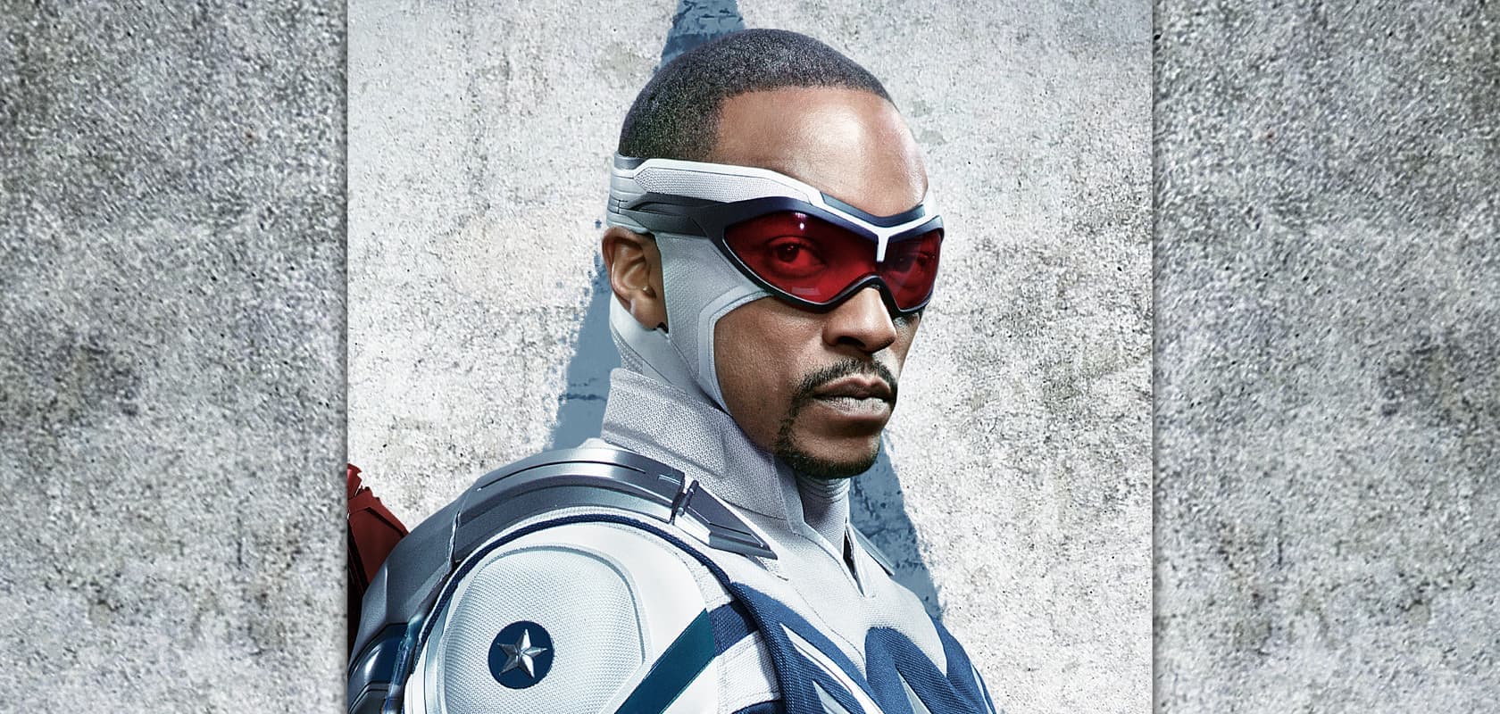 Anthony Mackie as Sam Wilson in the Captain America suit, wearing red goggles, in Marvel Studios character art