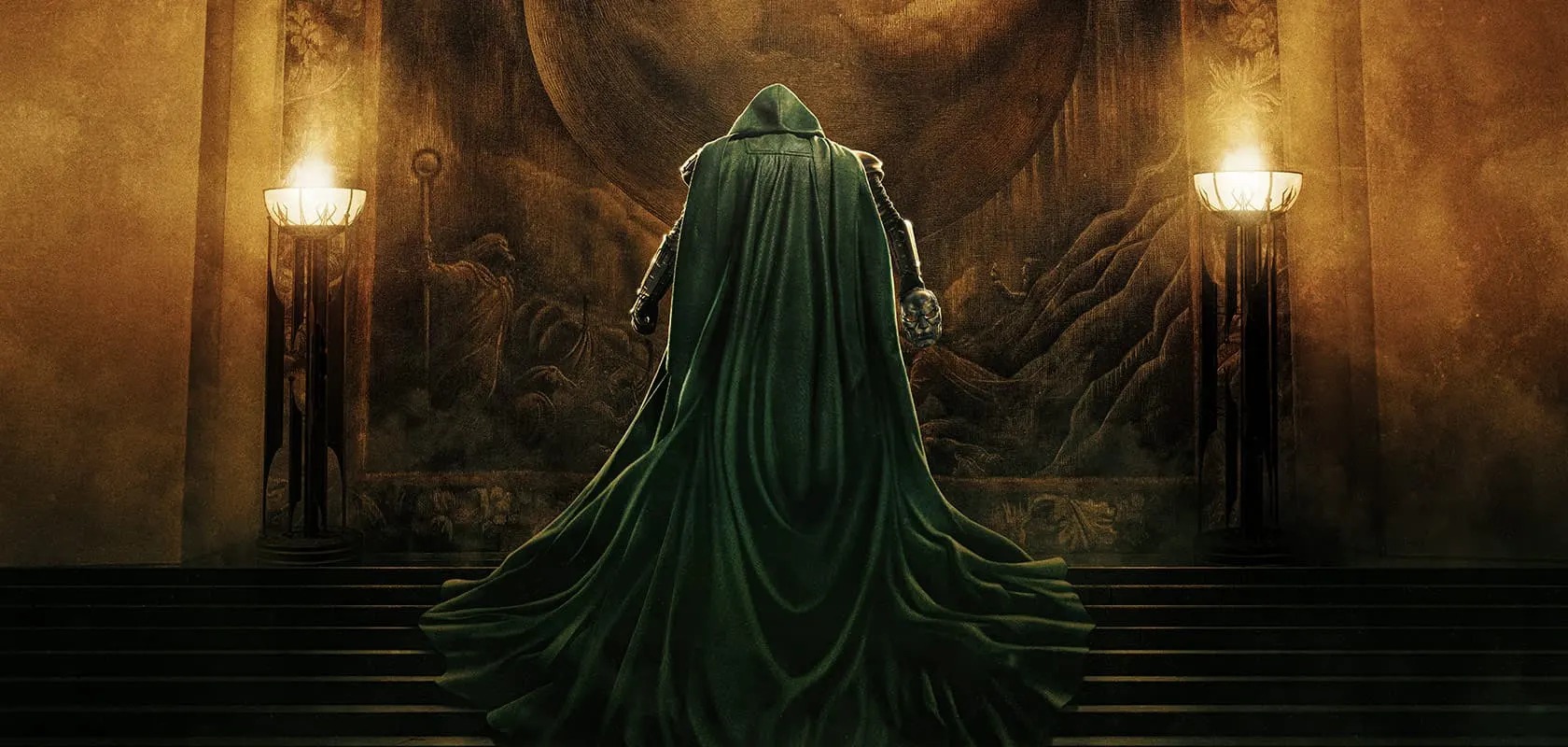 Doctor Doom in a green cloak climbing a staircase in Avengers: Doomsday art