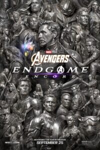 Avengers: Endgame Encore poster showing the Avengers sculpted in silver with the title and a September 25 release date