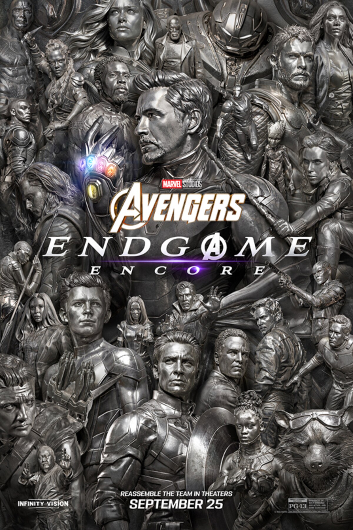 Avengers: Endgame Encore poster showing the Avengers sculpted in silver with the title and a September 25 release date