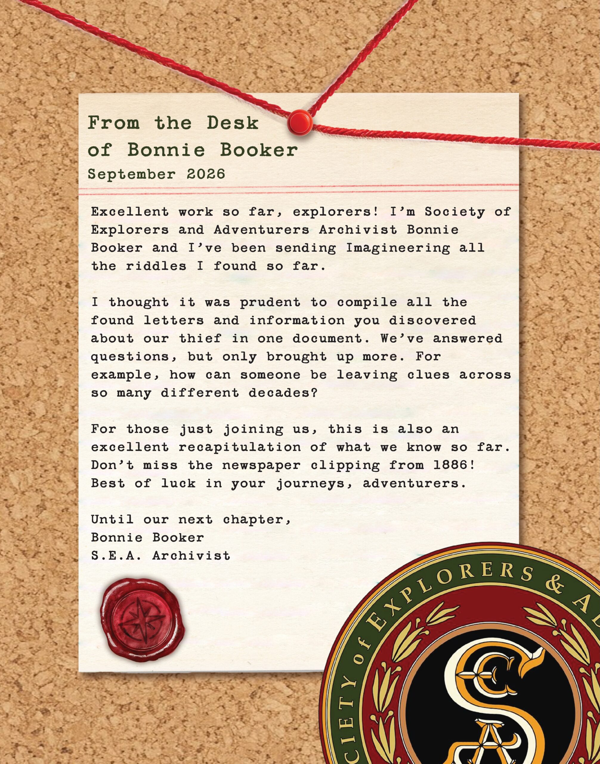 Letter from S.E.A. Archivist Bonnie Booker, September 2026, recapping the riddle hunt, asking how someone can leave clues across so many decades, and pointing to the 1886 newspaper clipping, with a wax seal and the Society of Explorers and Adventurers emblem