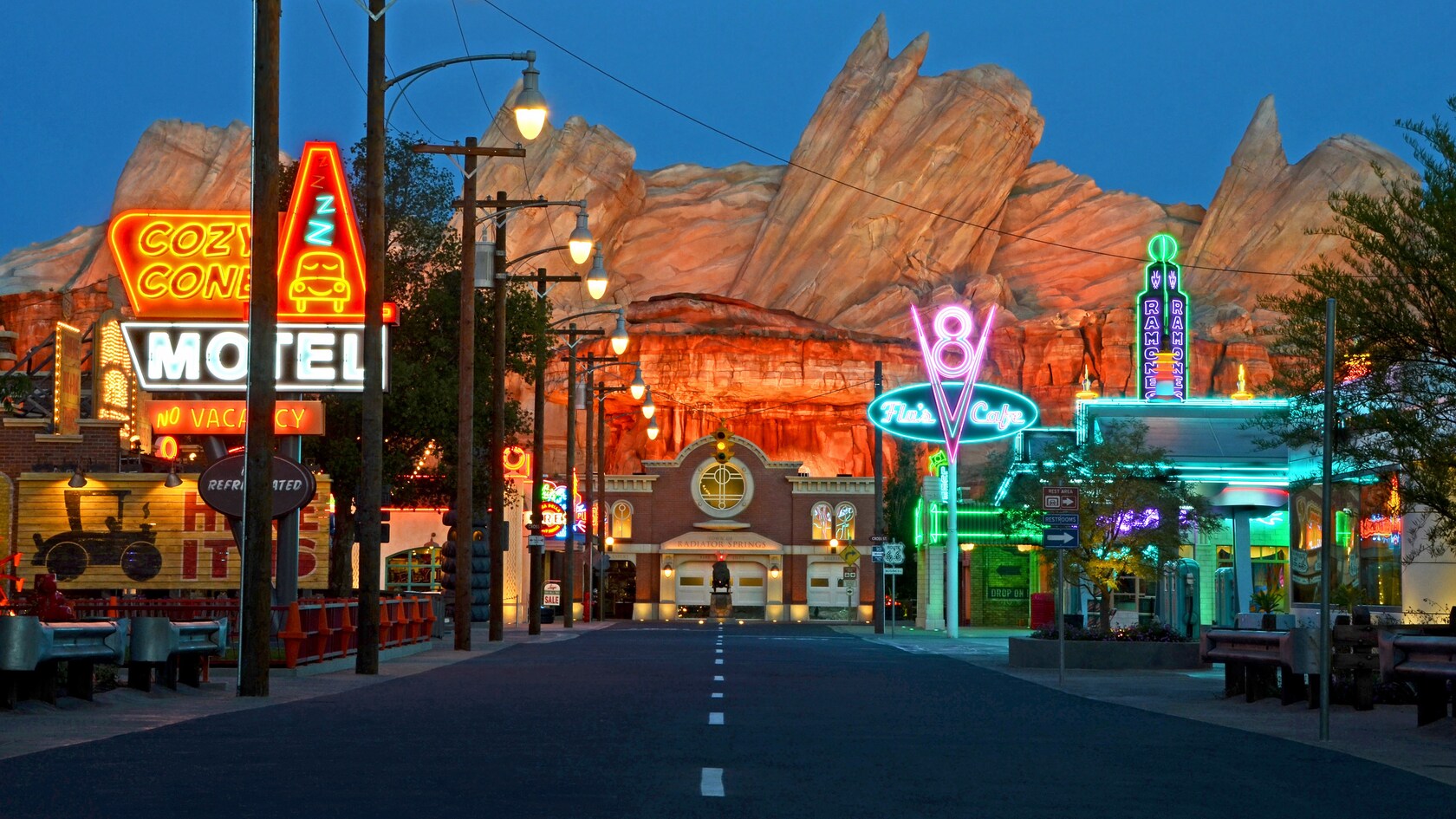 The main road in the middle of Radiator Springs at Disney California Adventure Park