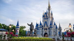 The Partners statue of Walt Disney and Mickey Mouse in front of Cinderella Castle at Magic Kingdom