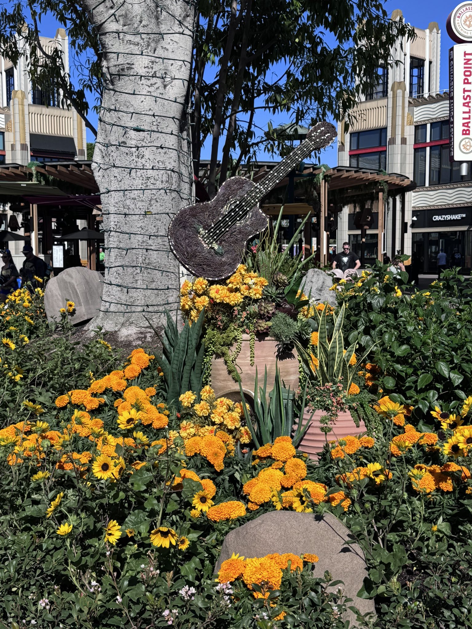 A floral guitar display mounted on a tree in Downtown Disney above planters of marigolds, sunflowers and succulents