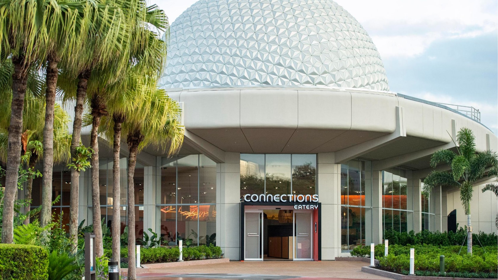 The entrance to Connections Eatery, located by the Spaceship Earth attraction at EPCOT