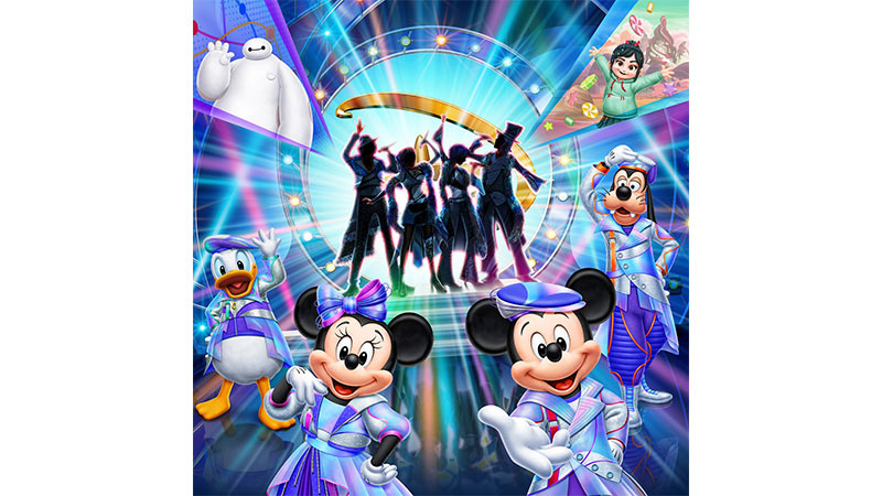 Key art for The D-Groovationz4 Live at Tokyo Disneyland showing Mickey, Minnie, Donald, Goofy, Baymax and Vanellope with the four singers in silhouette