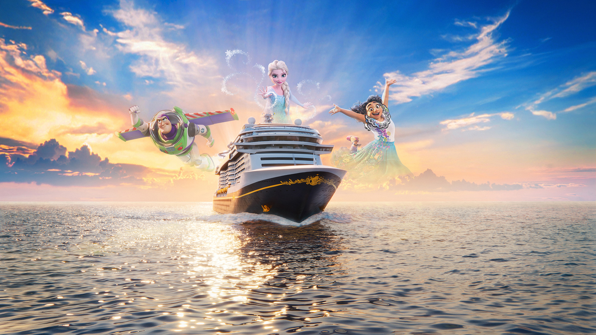 Disney artwork for the Disney Believe showing a ship at sea at sunset with Buzz Lightyear, Elsa and Mirabel in the sky above it