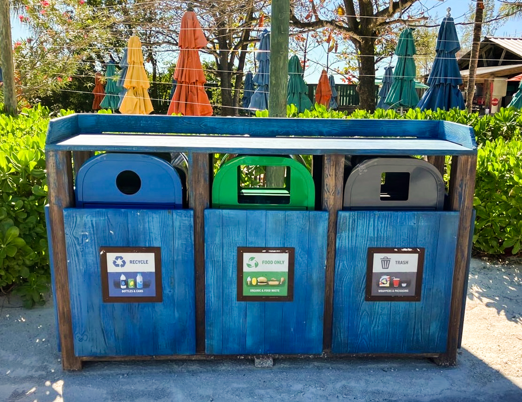 Redesigned waste receptacles at Disney Castaway Cay, from Disney Experiences' Disney Cruise Line sustainability feature