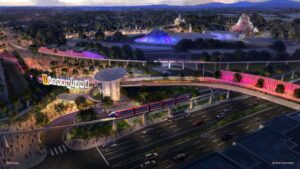 Disney's artist concept of the parking structure and transportation hub planned for the east side of Disneyland Resort