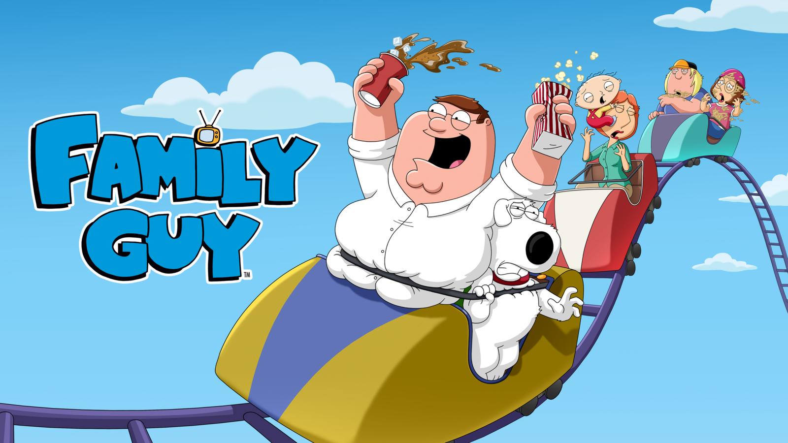 Family Guy key art showing the Griffin family riding a roller coaster