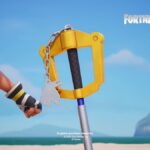 Sora holds the Kingdom Key in Fortnite, with a llama keychain in place of the usual Mickey Mouse emblem