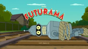 Futurama key art from Hulu showing Bender tied up with rope on railroad tracks beneath the Futurama logo