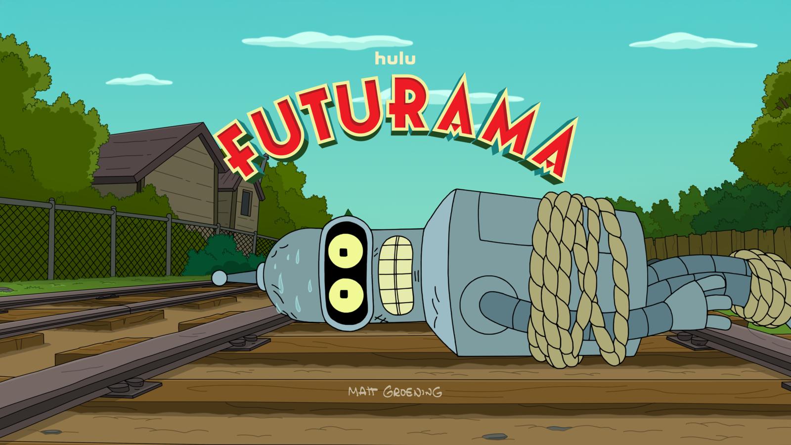 Futurama key art from Hulu showing Bender tied up with rope on railroad tracks beneath the Futurama logo