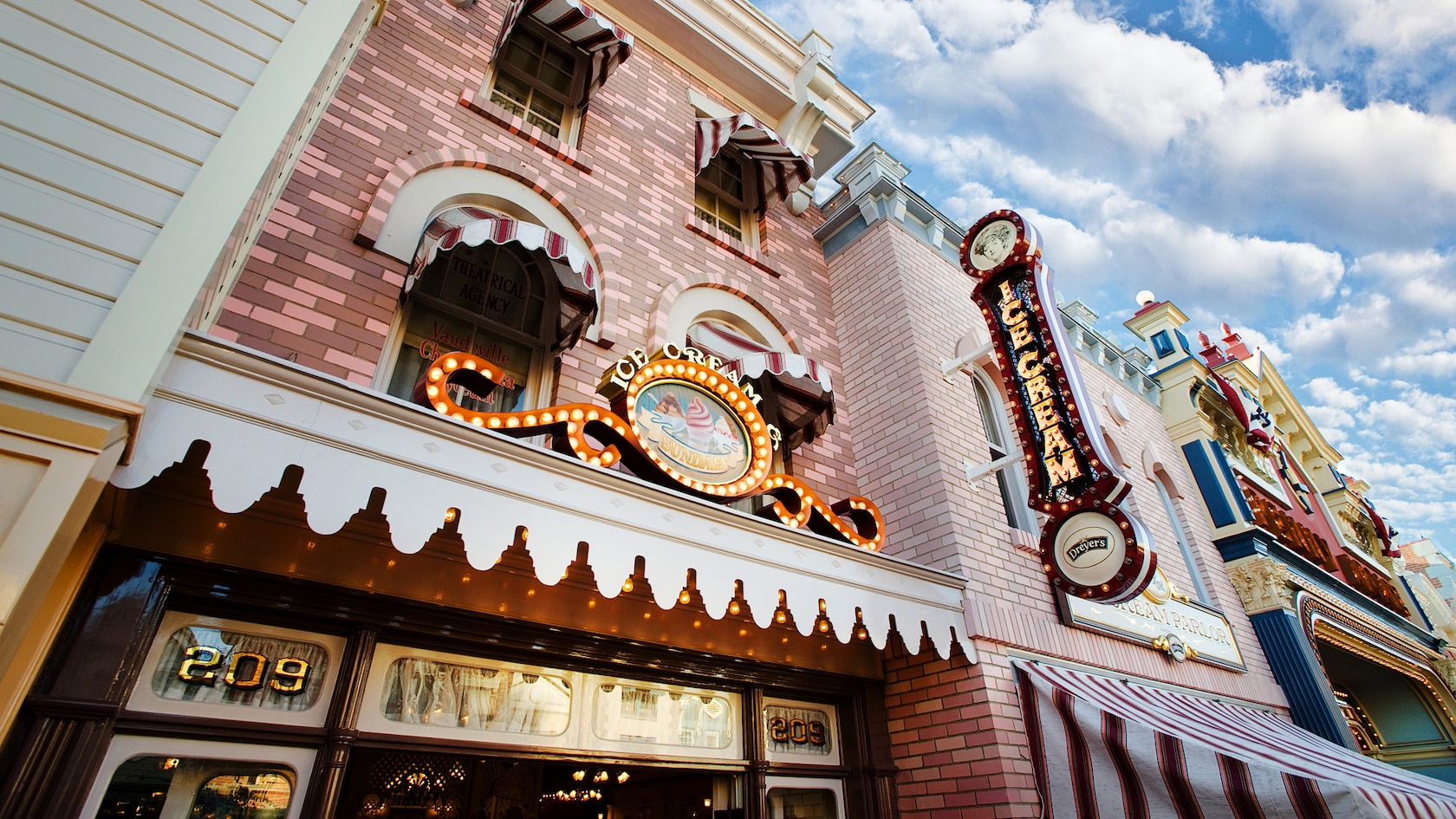Ice cream sundaes sign at the Gibson Girl Ice Cream Parlor on Main Street, U.S.A. in Disneyland Park