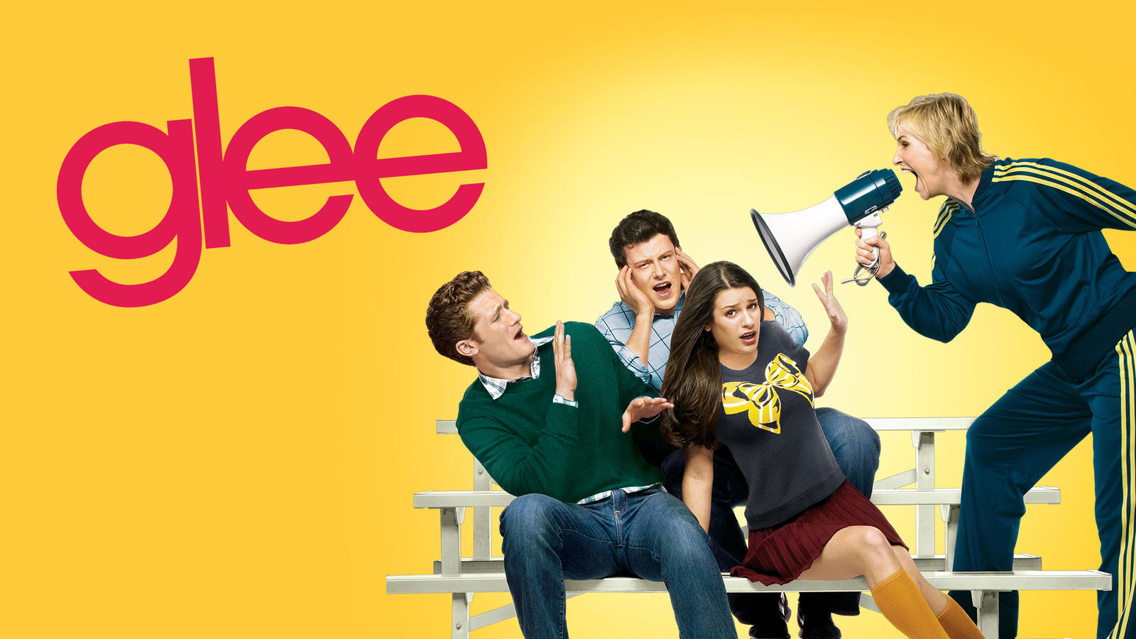 Glee key art with Matthew Morrison, Cory Monteith, Lea Michele and Jane Lynch
