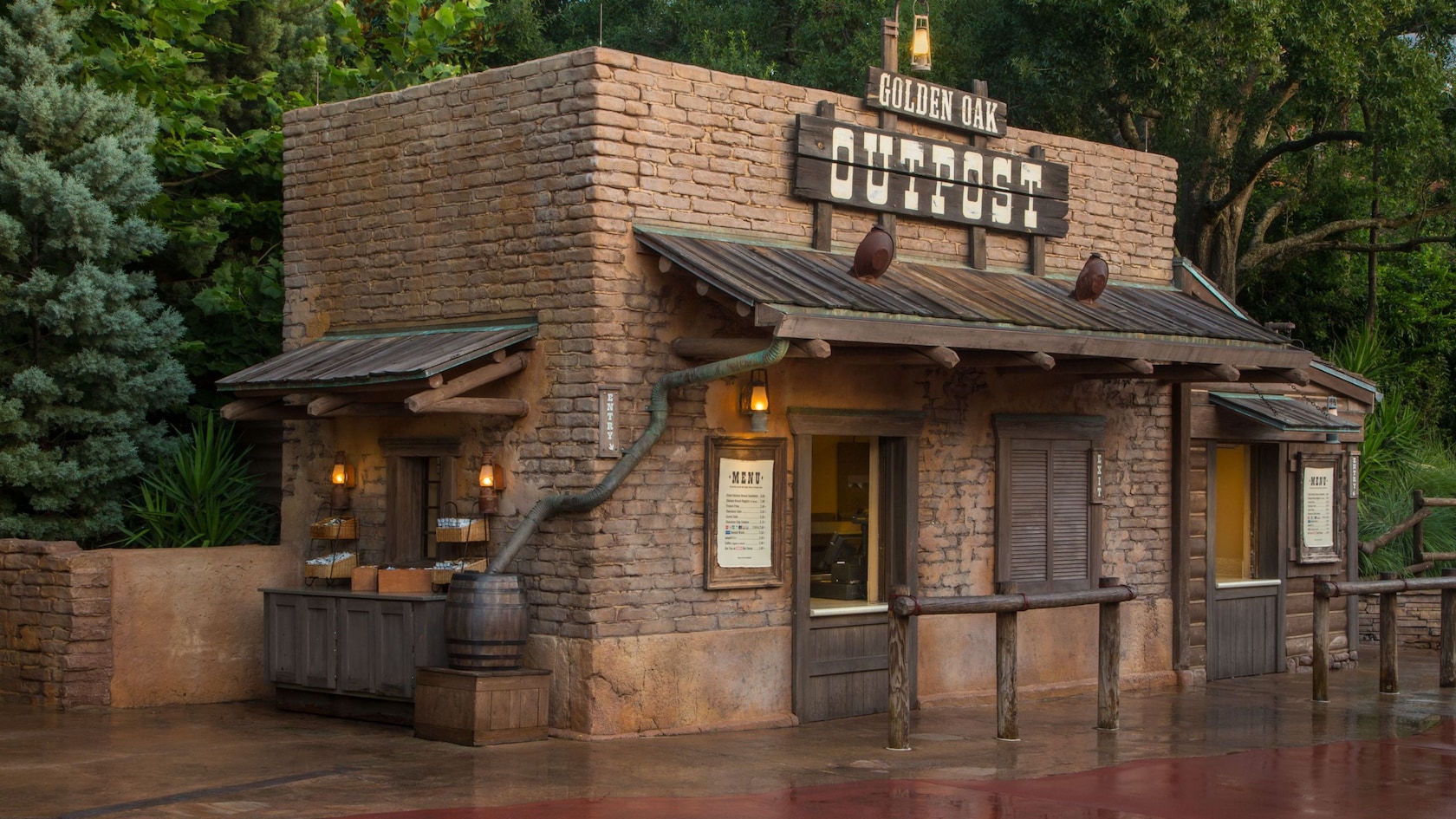 An exterior view of the old-west style eatery, Golden Oak Outpost