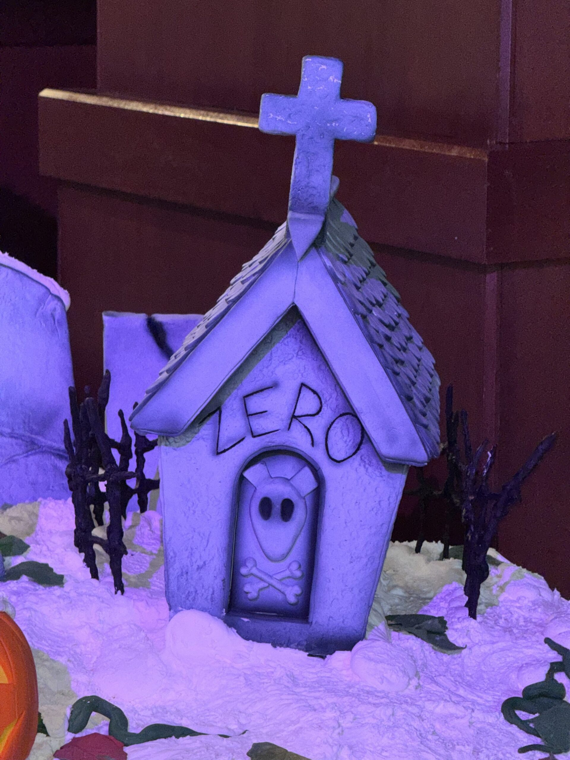 Zero's doghouse confection with a cross on the roof and Zero's name above the door at the Grand Californian