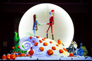 Jack Skellington in his Sandy Claws suit and Sally on Spiral Hill with Zero and jack-o'-lanterns in the Nightmare Before Christmas confection at Disney's Grand Californian Hotel and Spa