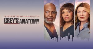 Grey's Anatomy key art from ABC with the tagline "In crisis we find out who we really are"