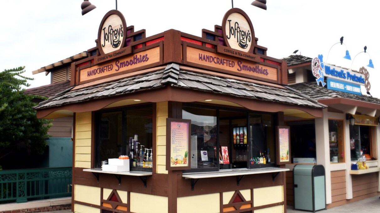 A square Joffreys Coffee and Tea Company stand with a large sign that says 'Handcrafted Smoothies'