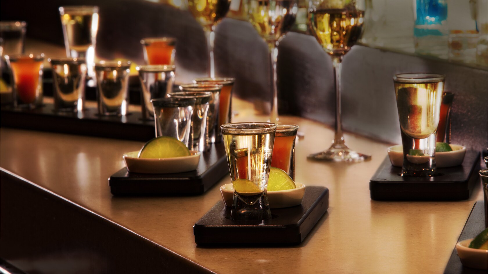 Shot glasses filled with tequila