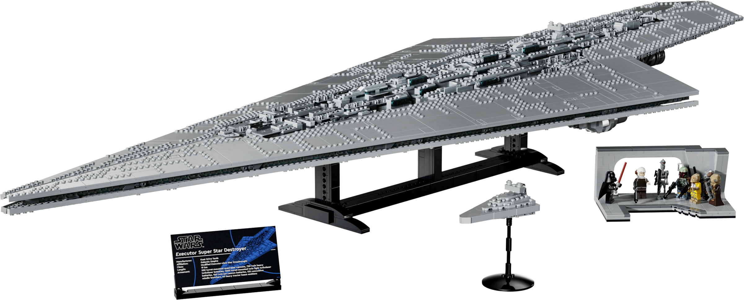 LEGO Star Wars Executor Super Star Destroyer 75457 on its stand with information plaque, companion Star Destroyer and bridge scene with seven minifigures