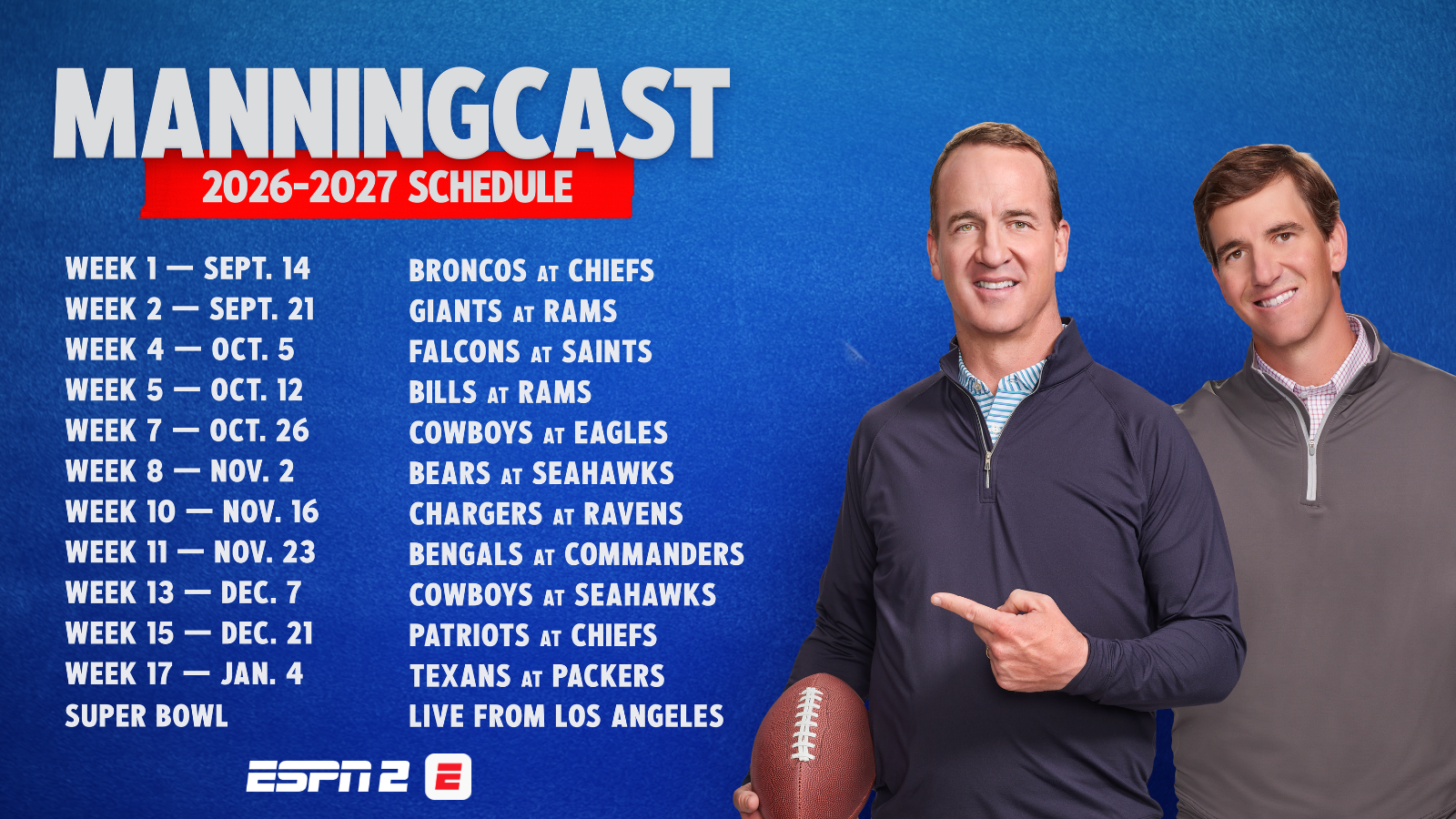 Peyton And Eli Manning Return For A Sixth Season That Ends With ESPN’s First Super Bowl