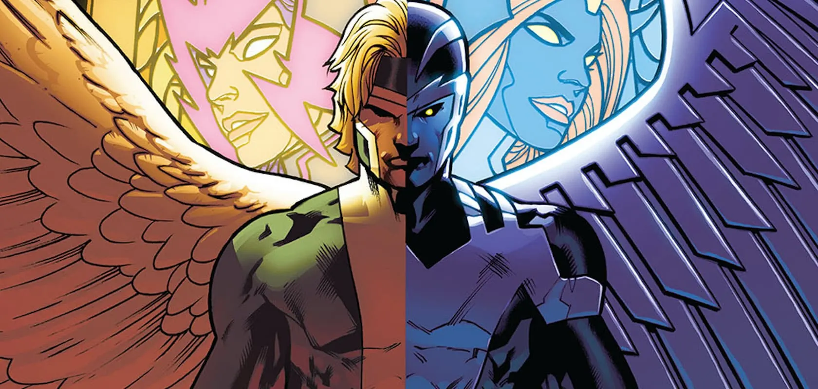 Marvel comic art of Angel split down the middle, feathered wings and green costume on one side, blue skinned Archangel with metal wings on the other