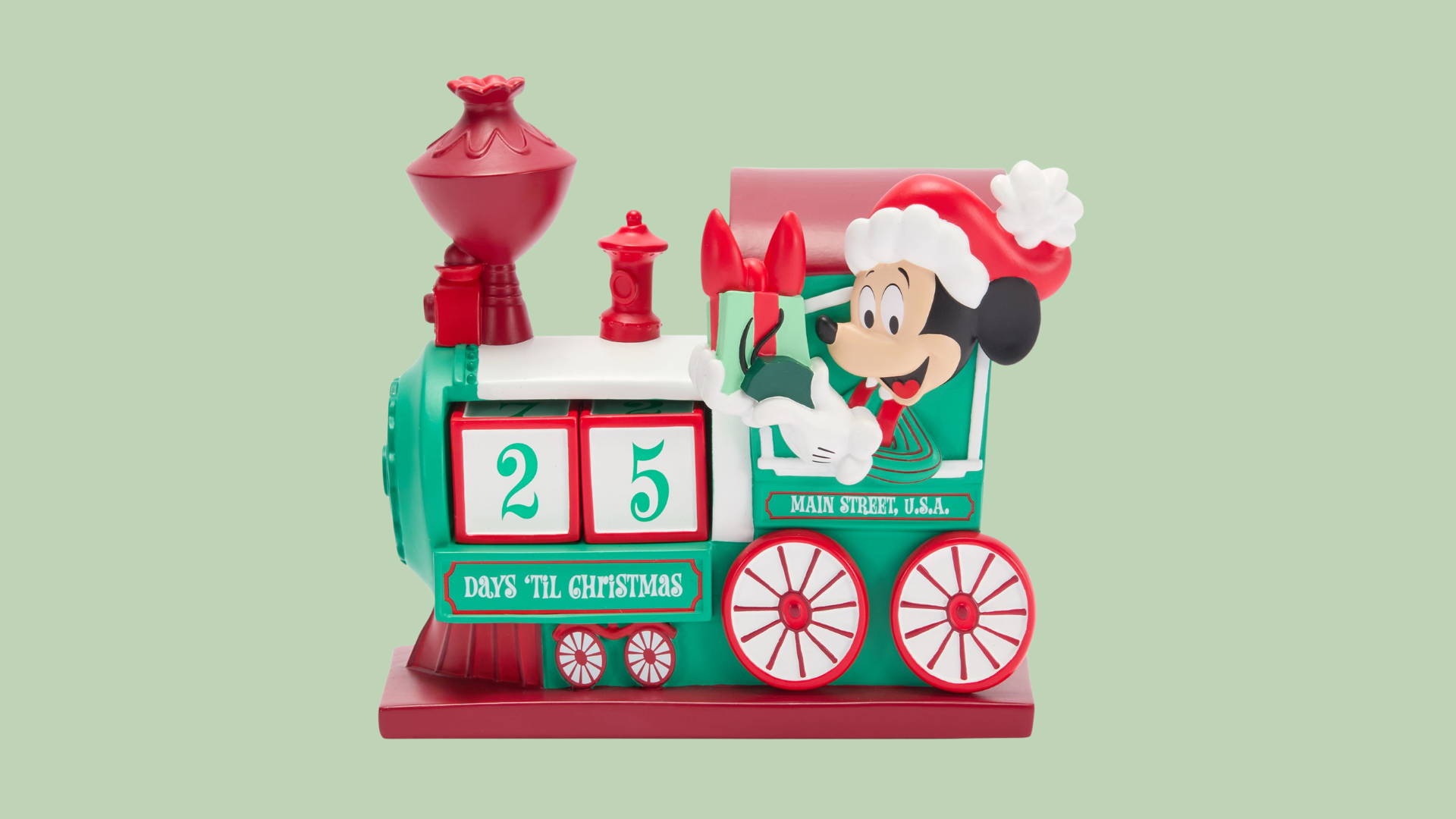 Mickey Mouse holiday countdown calendar with a train design and adjustable numbered blocks