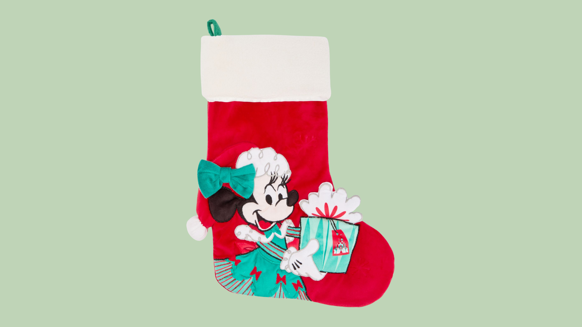 Mickey Mouse Christmas stocking with an embroidered character applique and a faux sherpa cuff