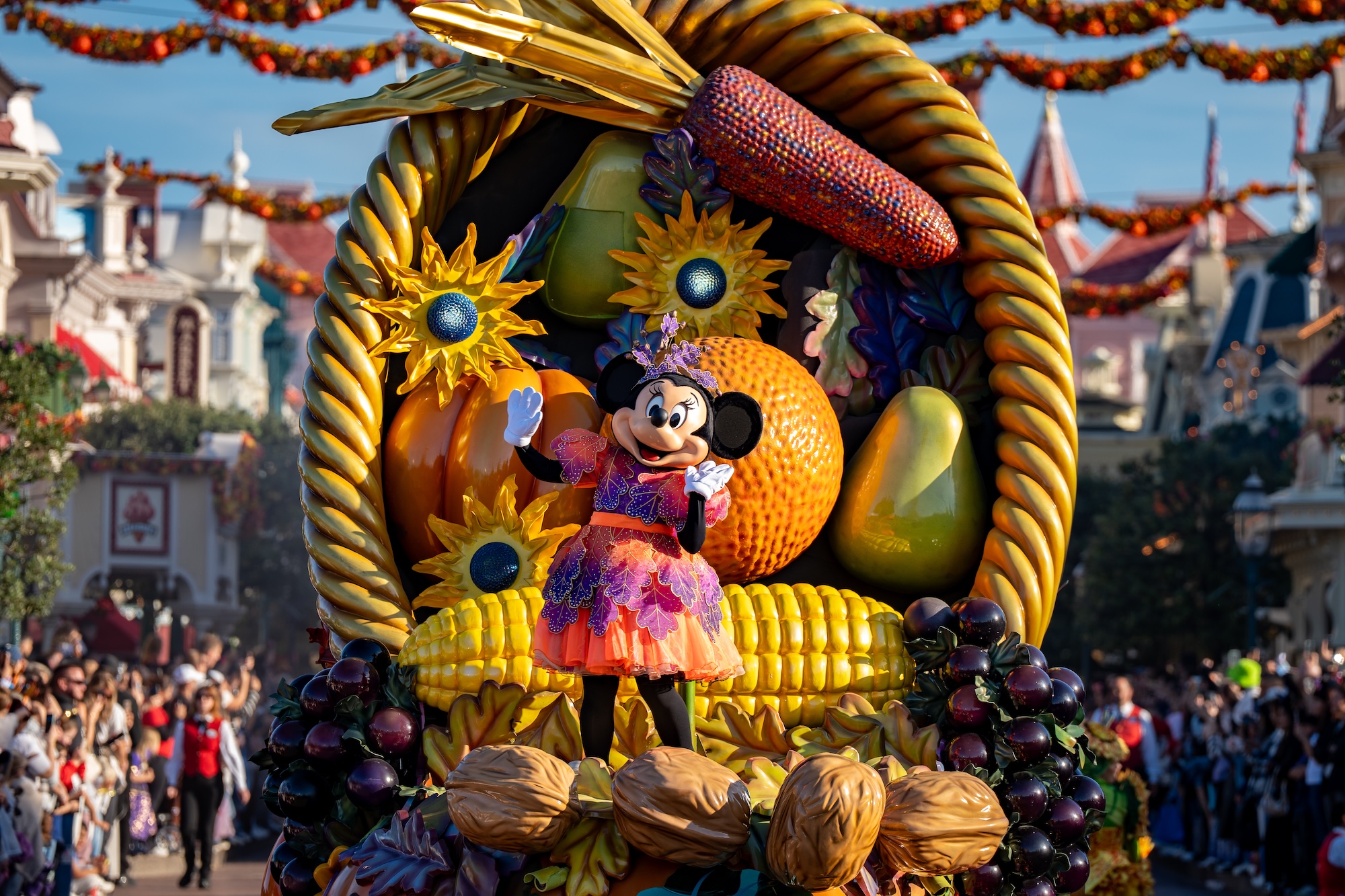 Minnie Mouse on a Mickey's Halloween Celebration float on Main Street, U.S.A. at Disneyland Park