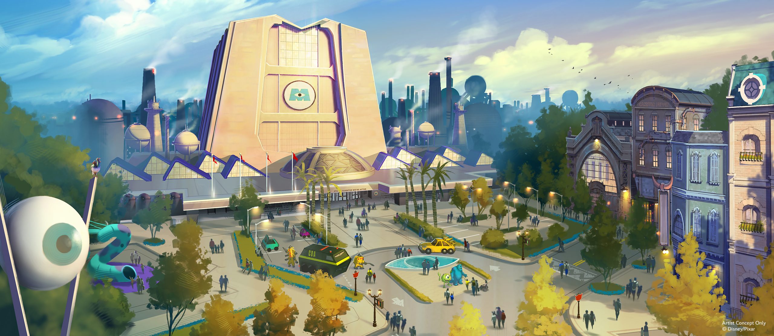 Monsters Inc Door Coaster Aerials Show Where Trains Will Rise 40 Feet In Four Seconds, With Track Waiting In The Yard And Scaffolding Off The Glob