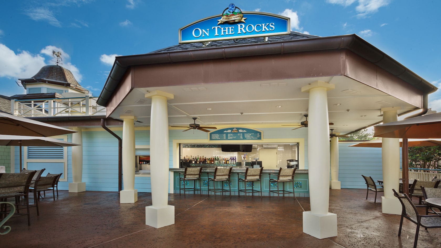 Columns at entrance of On the Rocks pool bar at Disney's Saratoga Springs Resort & Spa