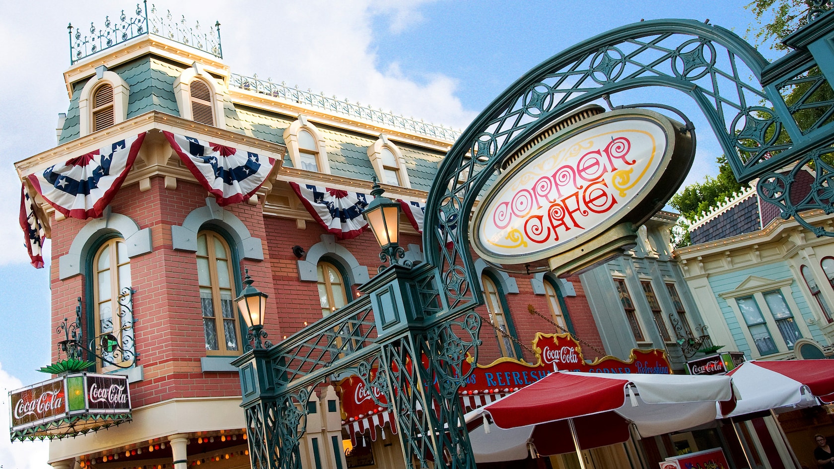 Sign for Corner Cafe and Coca-Cola Refreshment Corner on Main Street, U.S.A. at Disneyland Park