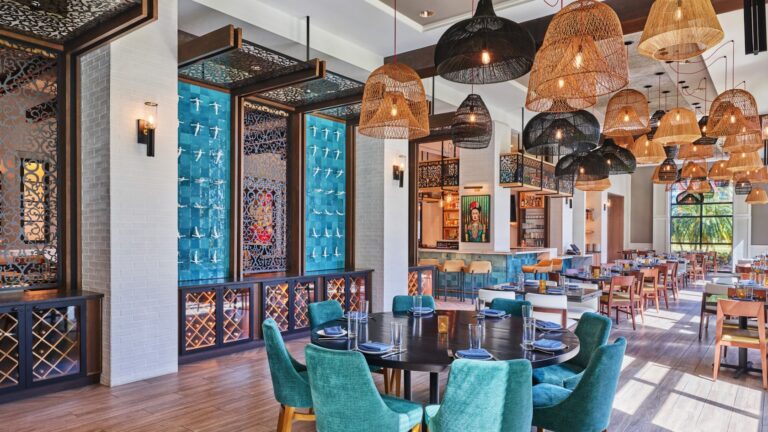 A spacious dining room with modern décor