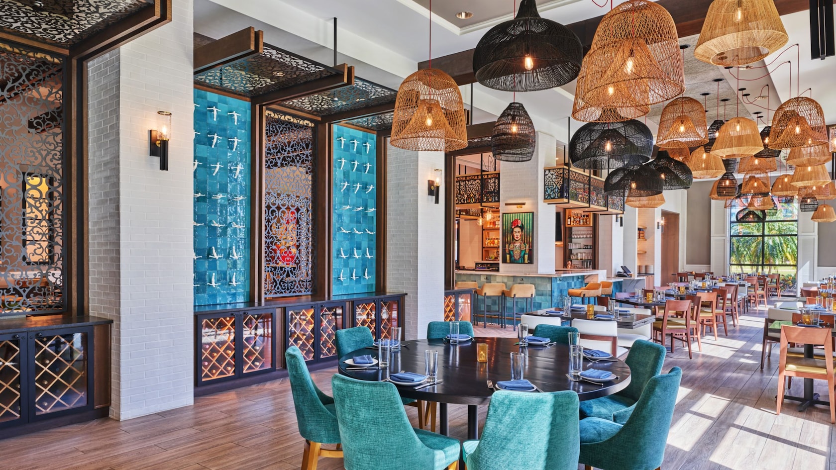 A spacious dining room with modern décor
