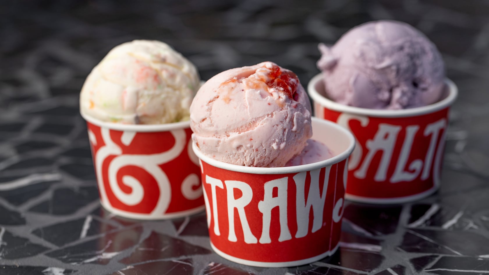 3 Salt and Straw cups filled with scoops of luscious ice cream