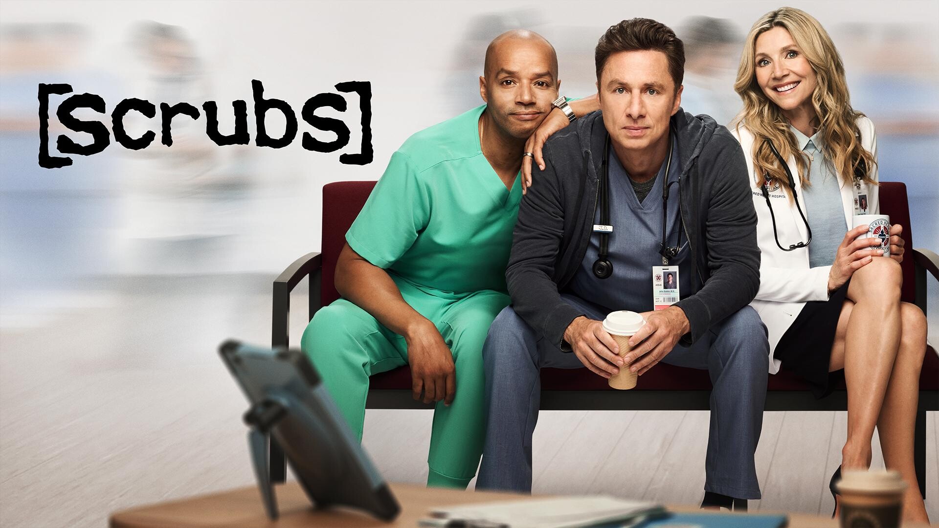 Donald Faison, Zach Braff and Sarah Chalke in ABC's Scrubs revival key art